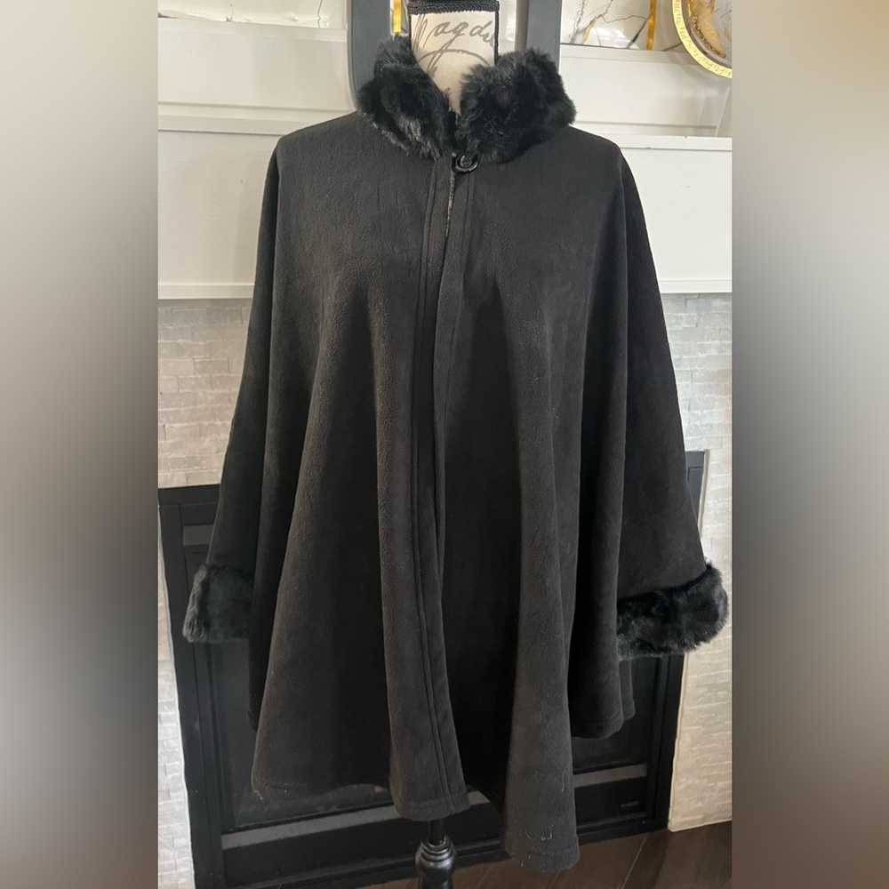 Black Faux Fur Trim Cape